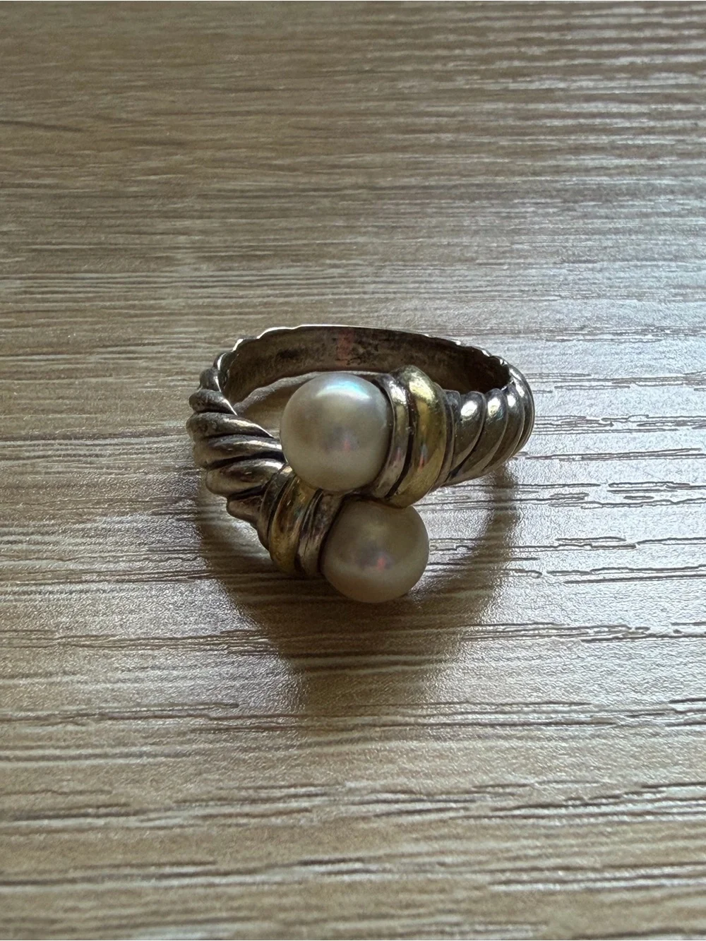 LN David Yurman Cable Classic Bypass Ring, 18k Gold, Sterling Silver, Pearls 6.5